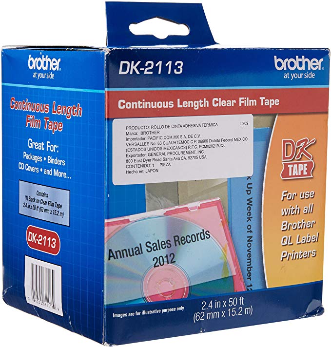 Brother Genuine DK-2113 Continuous Length Black on Clear Film Tape for Brother QL Label Printers, 2.4" x 50' (62mm x 15.2M), 1 Roll per Box, DK2113