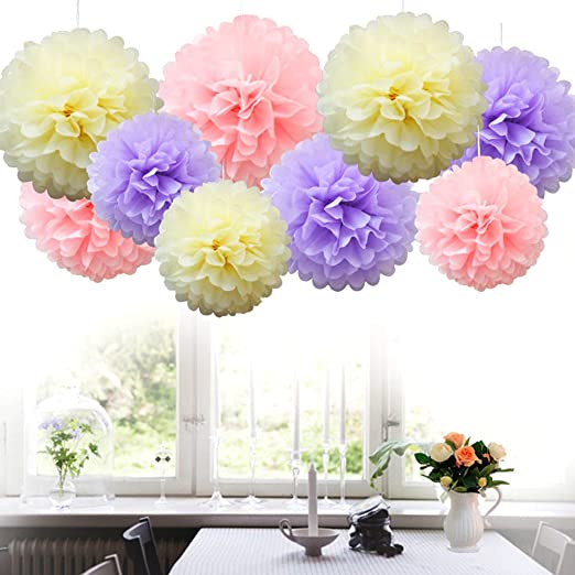 iShyan 18pcs Mix Tissue Hanging Paper Pom-poms, Flower Ball Wedding Party Outdoor Decoration Premium Tissue Paper Pom Pom Flowers Craft Kit (Purple Shade)