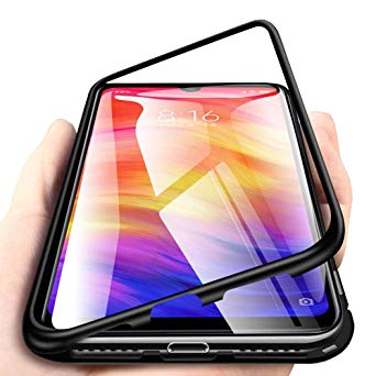 EabHulie Redmi Note 7 Pro Case, Hybrid 2 in 1 Transparent Tempered Glass Hard Back Metal Bumper Magnetic Adsorption Case Cover for Xiaomi Redmi Note 7 Pro Black