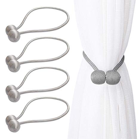 4 Pack Curtain Tiebacks Magnetic, Decorative Drapes Tie Backs Weave Holdbacks Holders for Big, Wide or Thick Window Drapries, 17 Inch (Silver Gray)