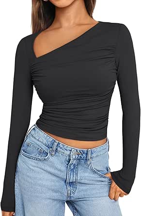 Trendy Queen Womens Asymmetrical Long Sleeve Going Out Tops Slim Fit Shirts Y2k Outfits Clothes 2024