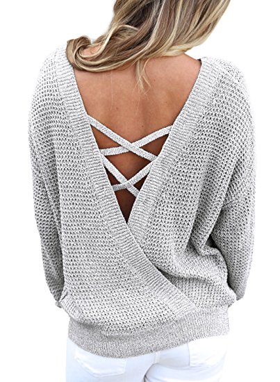 Asvivid Women's Long Sleeve Criss Cross Backless Casual Loose Knit Pullover Sweaters S-XXL