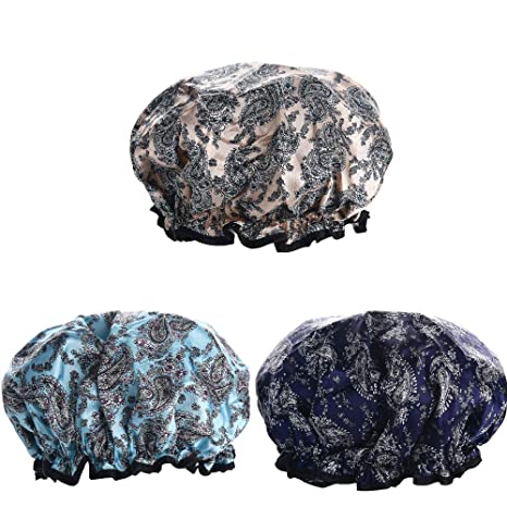Waterproof Shower Cap 3 PACK, Double Layers Bath Cap with Adjustable Elastic Band, Stylish Shower Cap for Women Long Thick Hair (Multi-colored 1)