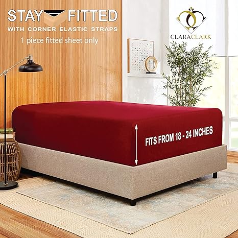 Clara Clark Stay Fitted Single Sheet, Fitted Sheet ONLY! Stay Fit on Mattress with Elastic Straps at Corners, Extra Deep Pocket, Fits 18 to 24 Inch Mattress, California King – Burgundy Red