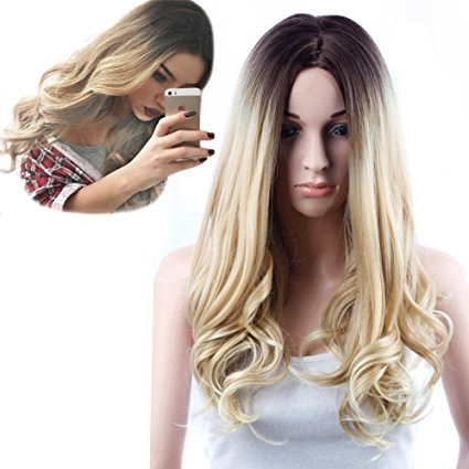 Netgo Ombre Wig Long Wavy Blonde Ombre Wig Dark Roots Heat Resistant Sythentic Full Wigs for Women