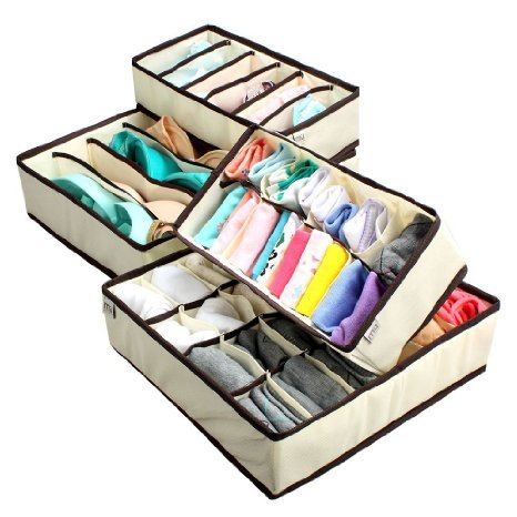 Creatov Collapsible Storage Boxes Bra Underwear Closet Organizer Drawer Divider 4 Set Color Beige