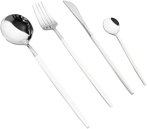 Gugrida 24-Piece Silverware Set - 18/10 Stainless Steel Reusable Utensils Forks Spoons Knives Set, Mirror Polished Cutlery Flatware Set, Great for Family Gatherings & Daily Use (6 set, White Handle)