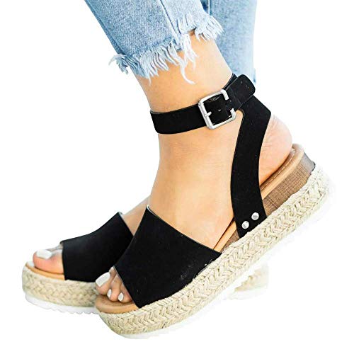 Ermonn Women's Platform Espadrilles Ankle Strap Flatform Studded Open Toe Summer Wedge Sandals
