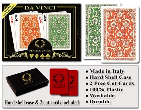 DA VINCI Venezia, Italian 100% Plastic Playing Cards, 2-Deck Bridge Size Regular Index Set, with Hard Shell Case & 2 Cut Cards