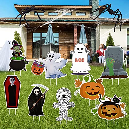 Lapogy Halloween Decorations Outdoor Yard Signs with Stakes, Trick or Treat Yard Signs, Waterproof Pumpkin Ghost Themed Halloween Prop Lawn Yard Decorations for Family Halloween Party Decor 9Pcs