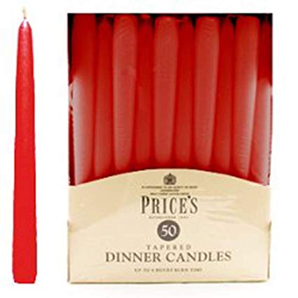 Price's Candles Unwrapped Tapered Dinner Candle, Pack of 50, Red