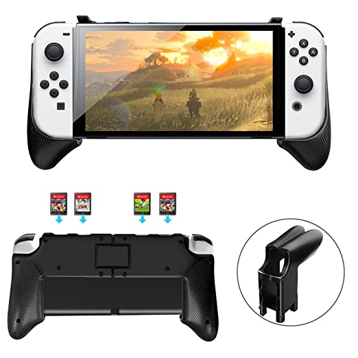 Switch OLED Grip, AKNES Switch OLED Console Folding Handle Grips Case with 4 Game Cards Store Slot, Comfort Ergonomic Handle Case for N-Switch OLED Model(2021) Black