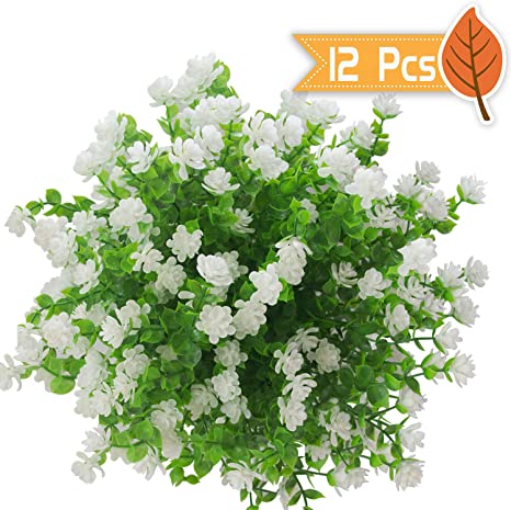 AY Artificial Flowers, White Fake Flowers UV Resistant Outdoor Artificial Green shrubs for Home Garden Wedding Decoration (12 Bunches)
