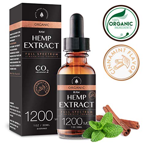 Organic Hemp Oil Extract for Pain & Stress Relief (1200MG), Cinnamint Flavor, Full Spectrum, Blended with Organic Hemp Seed Oil for Optimal Absorption, CO2 Cold Extracted, Kosher, Vegan, GF, 1oz.