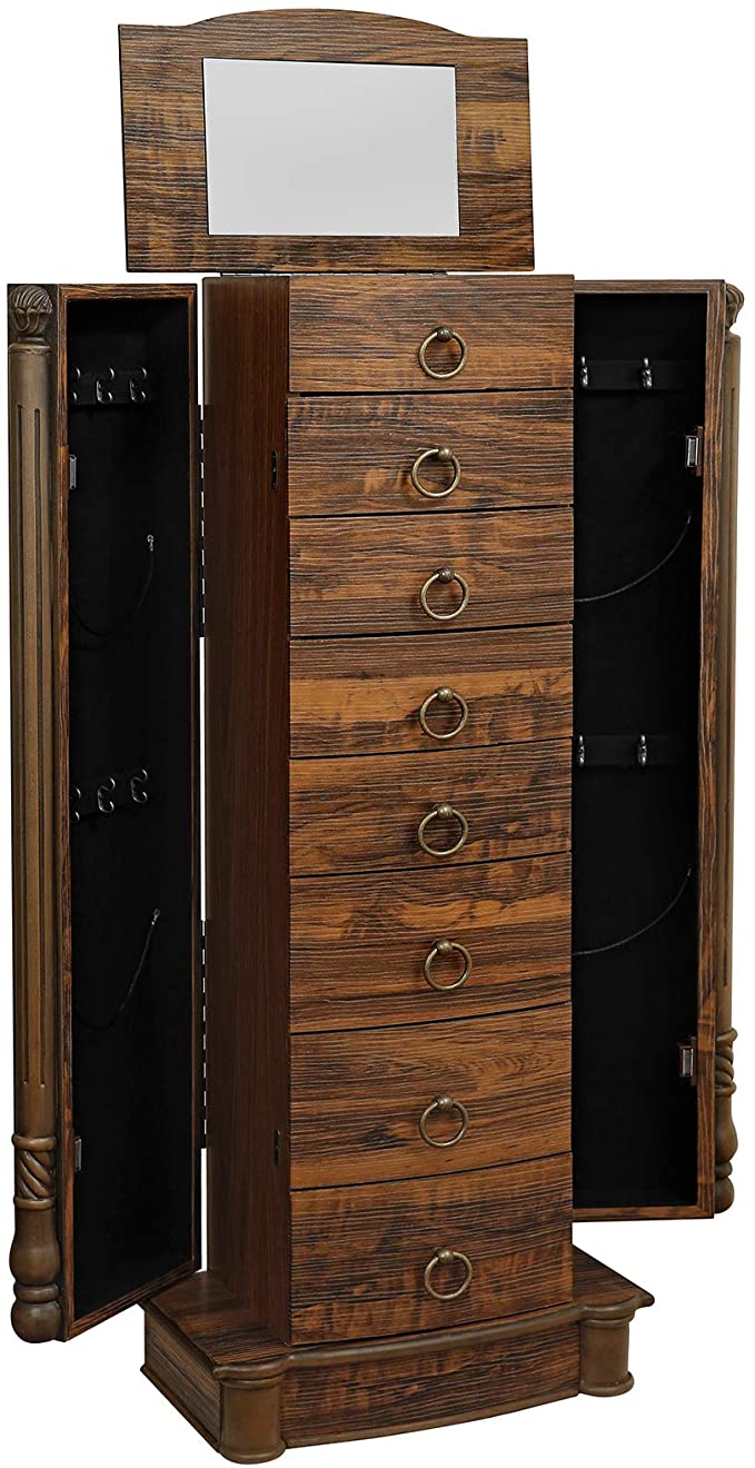 SONGMICS Rustic Jewelry Armoire Cabinet, Cambered Front Jewelry Chest Organizer Free Standing, Antique Walnut UJJC15BR