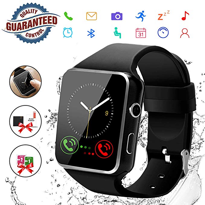 Smart Watch,Bluetooth Smartwatch Touch Screen Wrist Watch with Camera/SIM Card Slot,Waterproof Phone Smart Watch for Men Women Sports Fitness Tracker Compatible Android Phones Samsung Huawei Black