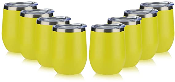 DOMICARE Insulated Wine Tumbler with Lid (8 Pack, Yellow) - 12 OZ Stemless Double Wall Vacuum Traval Mug - Keeping Cold & Hot for Wine, Coffee, Cocktails, Drinks