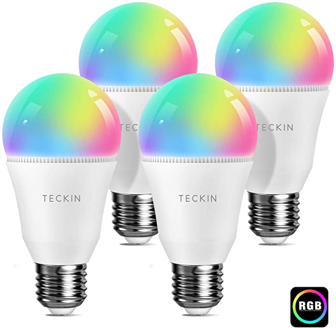 Smart LED Light Bulbs WiFi Light Bulbs,TECKIN E27 LED Bulb,Works with Alexa, Google Home and IFTTT,RGBW Cold and Warm Light Intelligent Remote Control,7.5W 2800K-6000K Dimmable Multicolor,4 Pack