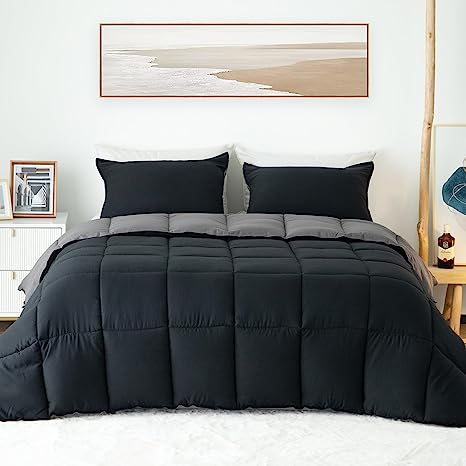 KASENTEX Down Alternative Comforter Set - All Season Ultra Soft Duvet Insert, Hypoallergenic, Reversible Design with Matching Shams - Machine Washable, Twin, Jet Black/Tornado