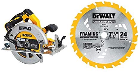 DEWALT DCS570B 7-1/4" (184mm) 20V Cordless Circular Saw with Brake (Tool Only) with  7-1/4-Inch 24 Tooth ATB Thin Kerf Framing Saw Blade with 5/8-Inch and Diamond Knockout Arbor