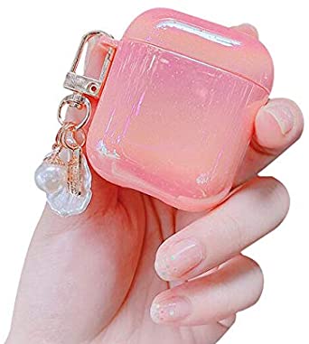 Ownest Compatible with AirPods Case with Shell Keychain Water Drop Rainbow Glitter Cute Girls Boys Woman Case Hard PC Cover Case for Airpods 2 &1,Cute for Airpods-(Pink)
