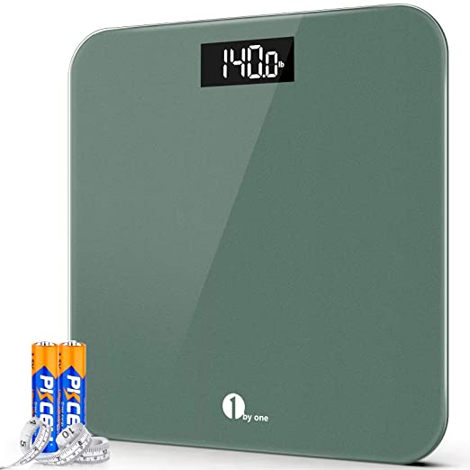 1byone Digital Body Weight Scale Bathroom Scales with Accurate Step-on Technology, LED Display, 400 lbs Capacity ,Tape Measure and Batteries Included, Green