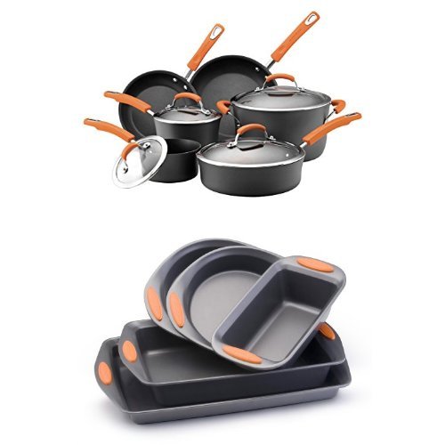 Rachael Ray Hard Anodized II Nonstick Dishwasher Safe 10-Piece Cookware Set (Orange)   5-Piece Bakeware Set (Orange)