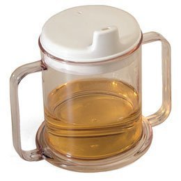 Sammons Preston Transparent Mug with Two Handles, 10 oz., Strong Plastic Cup with Bilateral Handles Enables Good Grip, Easy Lifting & Secure Hold, Wide Base Stops Tipping, Includes White Spouted Lid