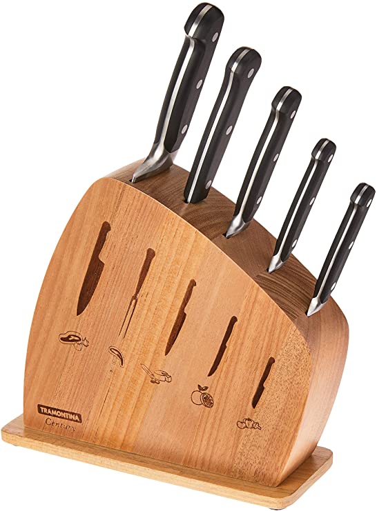 Tramontina Century Premium Stainless Steel Riveted 5 Piece Knife Block Made in Brazil Guarantee | Black Kitchen Knives Complete Set