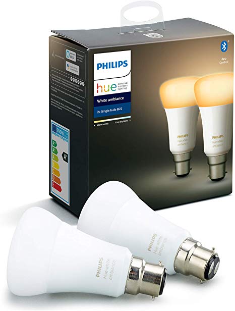 Philips Hue White Ambiance Smart Bulb Twin Pack LED [B22 Bayonet Cap] with Bluetooth, Works with Alexa and Google Assistant