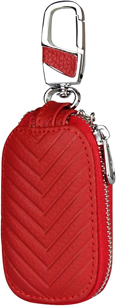iCoverCase Car Key Case, Genuine First Layer Cowhide Leather Smart Keychain Holder Bag with Metal Keychain & Zipper Leather Bag for Remote Key Fob-[Red]