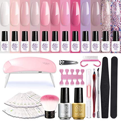 SEXY MIX Gel Nail Polish Starter Kit with UV Light, with Mini 12 Lovely Pink Colors Soak Off Gel Nail Polish, Base and Top Coat, Nail Art Manicure Tools Kit