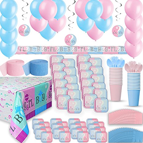 Gender Reveal Party Supplies for 24 - Two Size Plates   Cups   Napkins   Cutlery   Tablecloths, Balloons   Banner   Hanging Decorations   Streamers - Ultimate Baby Shower Supply & Decorations Set