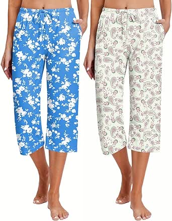 Ekouaer 2 Pack Women's Capri Pajama Pants Printed Drawstring Comfy Pj Bottoms With Pockets