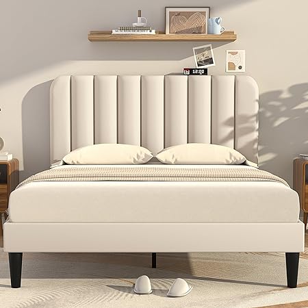 VECELO Full Size Upholstered Bed Frame with Adjustable Headboard, Velvet Platform Bedframe Mattress Foundation, Strong Wood Slat Support, No Box Spring Needed, Beige