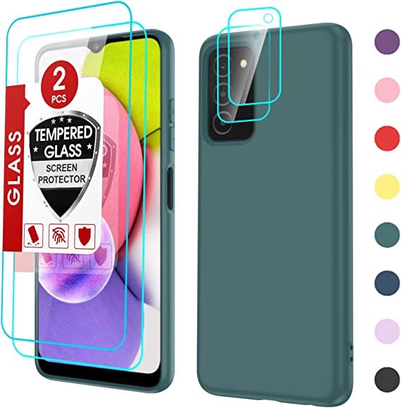 Samsung Galaxy A03S Case, A03S Phone Case with [2 Pack] Tempered Glass Screen Protector & Camera Lens Protector, LeYi Liquid Silicone Slim Silky-Soft Case for Samsung Galaxy A03S (6.5 Inch), Green