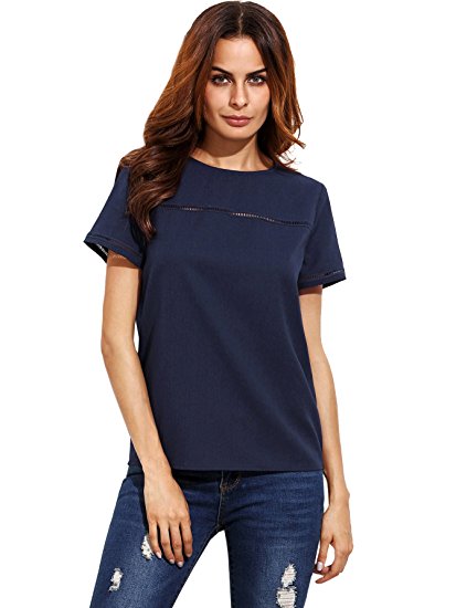 ROMWE Women's Loose Short Sleeve Round Neck Solid Summer T-shirt Tops Blouse