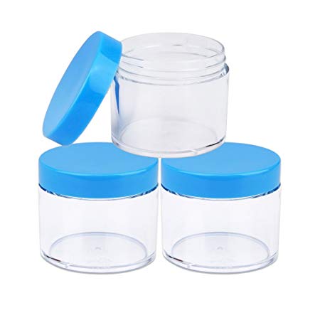 Beauticom 60 Grams/60 ML (2 Oz) Round Clear Leak Proof Plastic Container Jars with Blue Lids for Travel Storage Makeup Cosmetic Lotion Scrubs Creams Oils Salves Ointments (3 Jars)