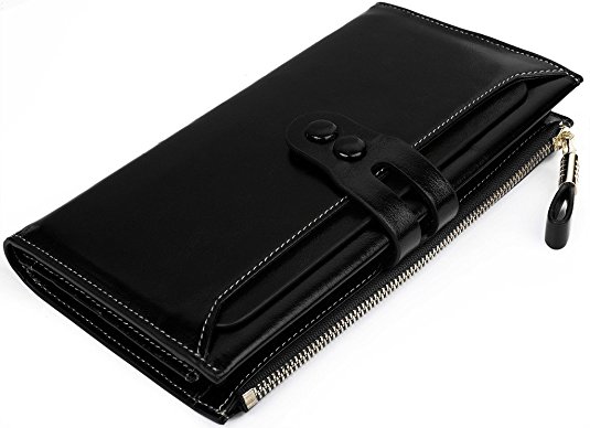 YALUXE Women's Large Capacity Luxury Waxy Genuine Leather Checkbook Wallet with Zipper Pocket