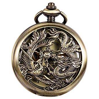 ManChDa Mens Antique Mechanical Pocket Watch Lucky Dragon & Phoenix Retro Skeleton Dial with Chain   Gift Box