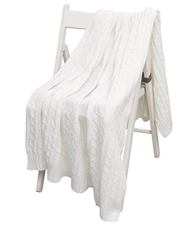 Cable Knit Throw Blanket, Acrylic Soft Cozy Snuggle TV Blanket, All Seasons Suitable for Adults and Kids, 50"x60" White
