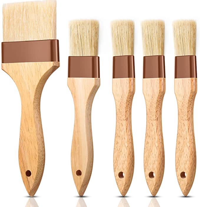 5 Pieces Pastry Brushes Basting Baking Brush Set 1/1.5/3 Inch with Boar Bristles and Beech Wooden Handle Barbecue Oil Brush for Spreading Butter, Egg Wash or Marinade