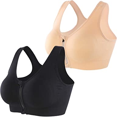 INIBUD Women's Sports Bra Post-Surgery Bra Zip Bra Zipper Front Wirefree Removable Pads Yoga Bra Zip Sports Bra