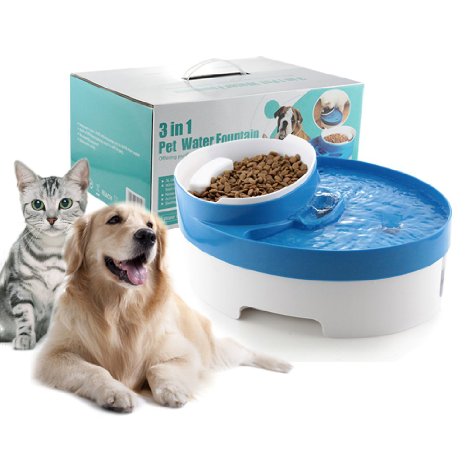 Pet Water Charcoal Filtered Fountain by Smartomni, 3 in 1 Water Bowl Food Bowl and Food Scoop For Dog Cat Puppy Water Fountain. Offering purified water for pets' healthy drinking