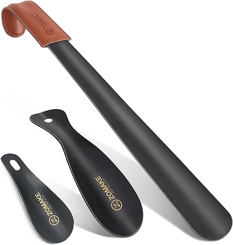 ZOMAKE Metal Shoe Horn 3Pcs,16.5 in Shoehorn Long Handled Lazy Shoe Helper with Leather Handle,Extra Long Shoe Horns for Men Women the Elderly - 7.5&3.94 in Shoehorns with Hook (16.5&7.5&3.94in)