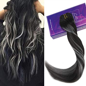 LaaVoo 14 Inch Remy Human Hair Clip in Hair Extensions Balayage Ombre Color Off Black to Grey Silver Clip on Hair 7pcs Full Head 120g/Set
