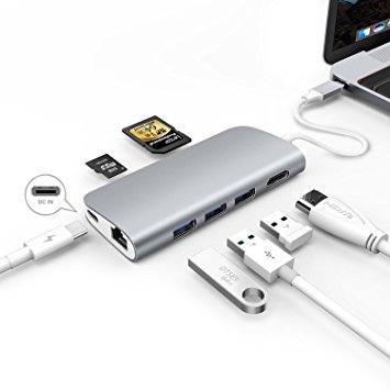 EgoIggo GN30E Multifunctional Macbook 8 in 1 Type-C Hub 3*USB 3.0 SD TF HDMI USB-C (charging)  RJ45 with fast PD function for New Macbook, Google ChromeBook Aluminum Alloy (Sky Gray)