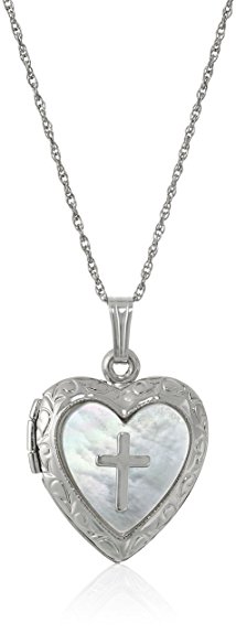 Sterling Silver Heart and Mother-of-Pearl Heart and Cross Locket Necklace, 18''
