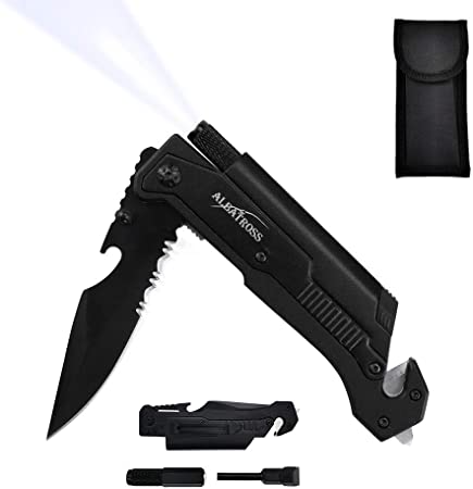 7-in-1 Dispatcher Tactical Knife with Glass Breaker, Seatbelt Cutter,Steel Serrated Blade,Flashlight,Fire Starter,Bottle Opener and Carrying bag, Good for Military Emergency Outdoor Rescue (1-Black)