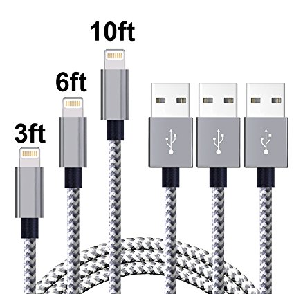 Jpinbo 3Pcs 3ft/6ft/10ft Extra Long Nylon Braided Cord Lightning Cable USB Charging Charger for iPhone 7/7 Plus/6s plus/6s/6 plus/6, se/5s/5c/5, iPad Air/Pro/Mini, iPod nano/touch (Gray White)